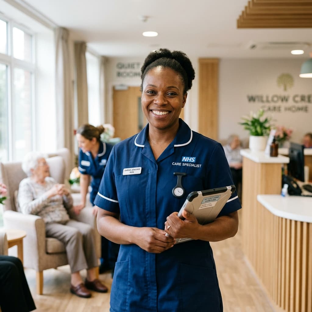CareWeb nurse holding clinical tablet in modern care center