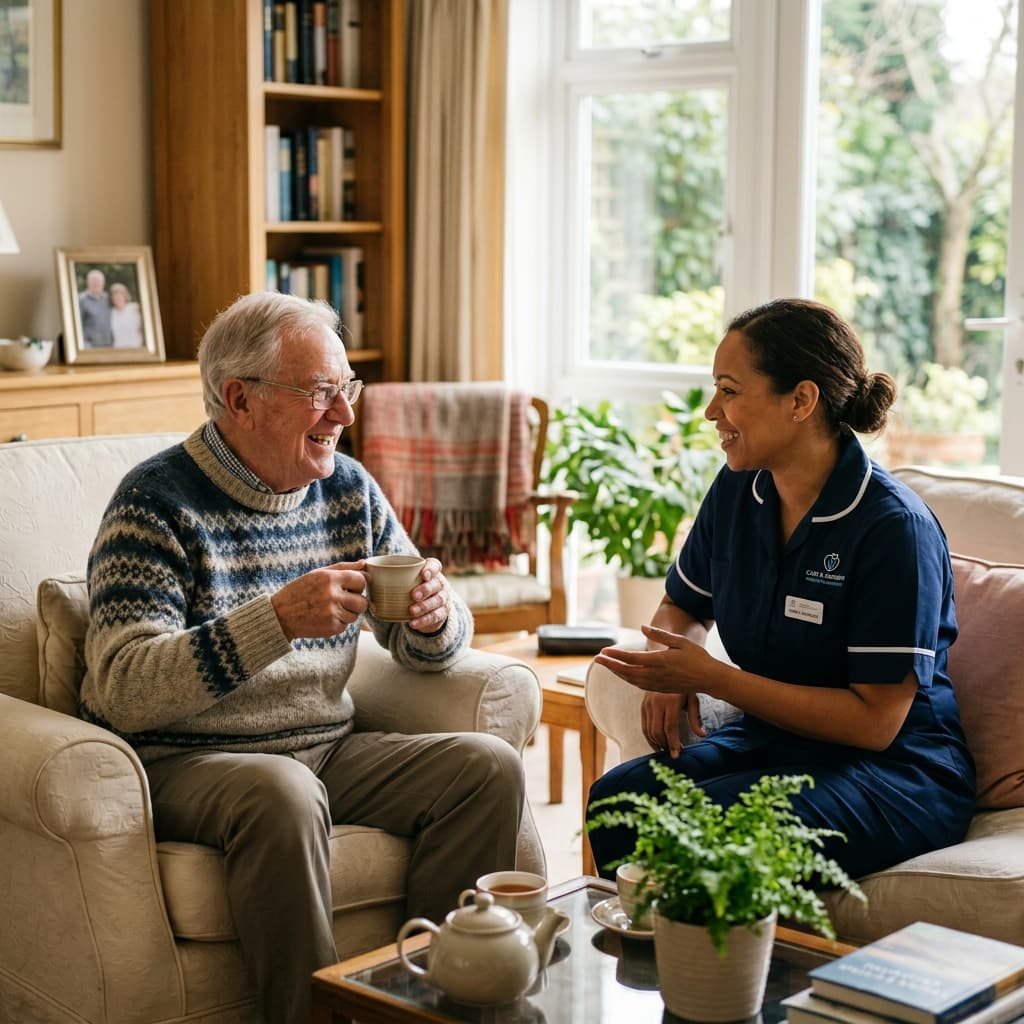 Compassionate carer with senior client enjoying warm conversation